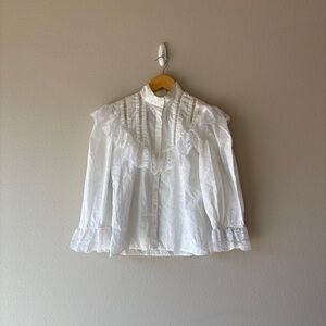 gunne sax vintage white lace ruffle high neck button front blouse